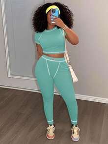 Slaydiva 2025 春夏新款休闲街头百搭运动基础修身绿色圆领短袖短款T恤和撞色腰裤女两件套，适合音乐节、复活节、西部游牧风格、乡村风格、婚礼嘉宾、日常旅行、毕业季、派对聚会、俱乐部、运动健身、瑜伽 - B - 薄荷綠 - 查看 3