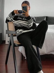 DAZY Bộ đồ ngủ dài tay dệt kim họa tiết sọc họa tiết cho nữ 2 món, đồ mặc nhà thường ngày cho mùa thu/đông, quần áo mùa thu - màu đen - Xem 9