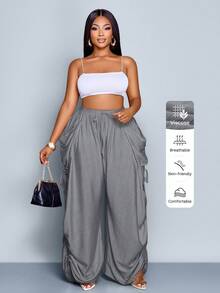 SOLERSUN 大码女式纯色休闲宽松口袋抽绳裤 - 灰色 - 查看 4