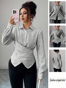 Elenzga Áo cánh sọc chéo màu vàng mù tạt cỡ tiêu chuẩn dành cho nữ - Đen và trắng - Xem 1