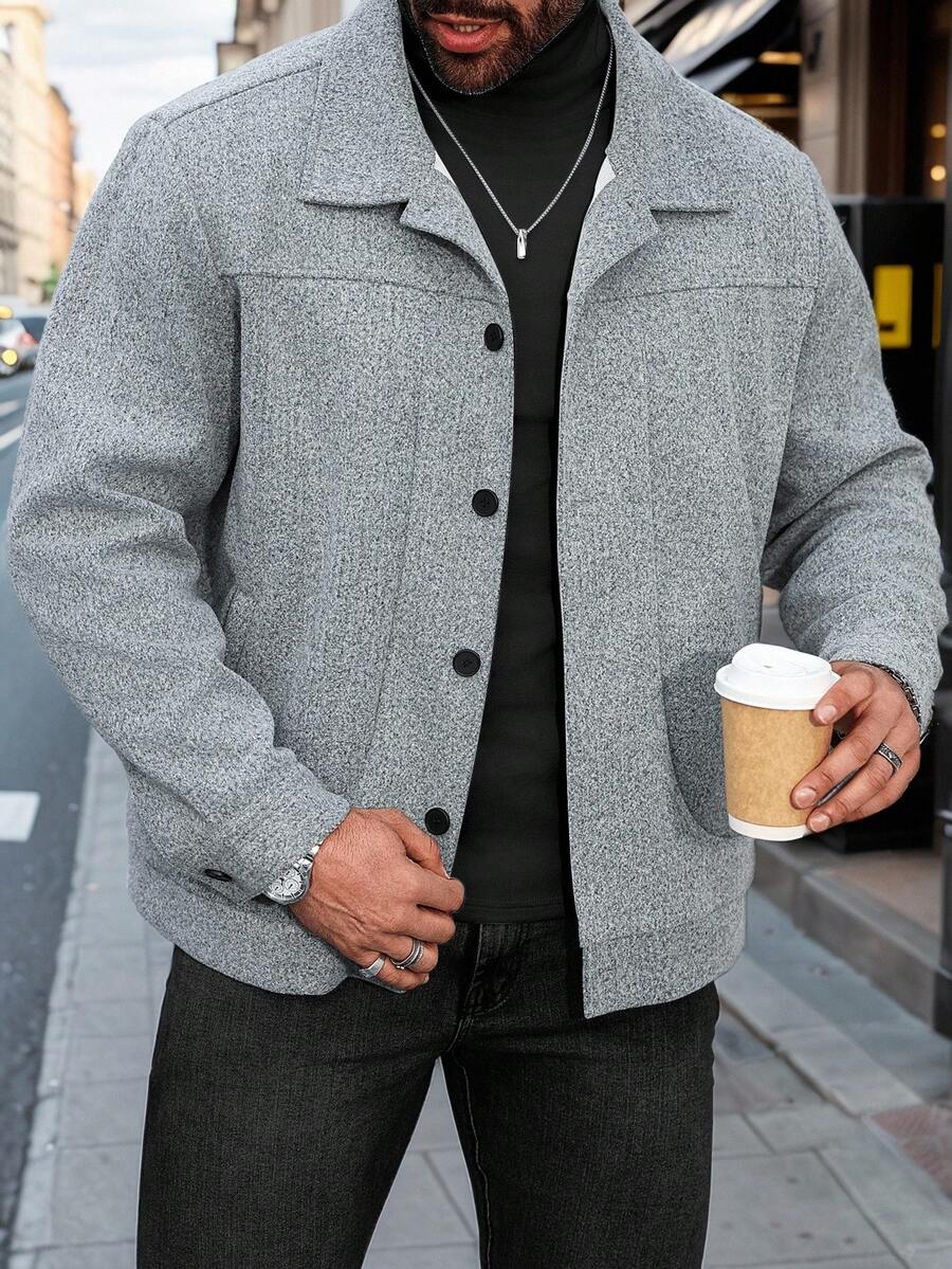 Manfinity CasualCool Plus Size Men's Fashionable Short Pea Jacket Coat For Autumn/Winter Men's Large-Size Woolen Jacket, Suitable For Going Out, Work, Travel, Party And Other Occasions It Is Great For Couples And Makes An Excellent Gift Idea For Boyfriends Or Husbands Or Friends Gray Tweed Jacket