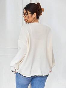 SHEIN Frenchy Cardigan Rajut Santai Kasual Minimalis Ukuran Plus Serbaguna Gaya Urban Chic untuk Wanita/Musim Dingin/Musim Dingin - Krem - View 2