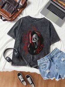 SHEIN EZwear 女款黑色针织超大版型T恤，饰有万圣节骷髅图案 - 彩色 - 查看 8