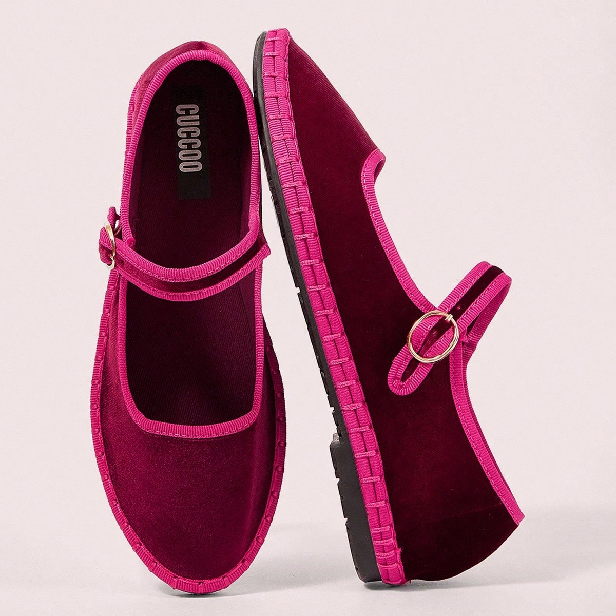 Zapatos planos tipo Mary Jane de terciopelo burdeos para mujer, elegantes y de moda