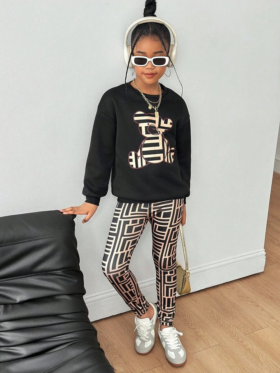 SHEIN 青少年女孩休闲针织圆领长袖上衣和慢跑裤套装 - 黑色 - 查看 1
