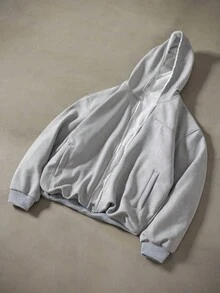 Manfinity Roghcode Manfinity Streetrush Men's Solid Color Hooded Casual Zip-Up Grey Jacket, Fall Winter - Light Grey - View 1