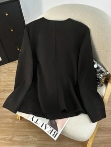 Modelyn Plus Size Women's Elegant Romantic Contrast Color Floral Trim Button-Up Long Sleeve Jacket - Black - View 2