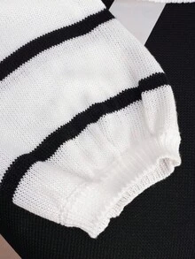 SHEIN Unity New Arrival Round Neck Black & White Striped Lantern Sleeve Backless Bowknot Fashionable Urban Sexy Women Sweater Fall Winter Cloth For Women - Black and White - View 3
