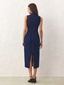 SHEIN Essnce 女式性感无袖深V金属装饰牛仔连衣裙 - 藍色 - 查看 2