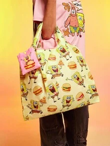 SpongeBob SquarePants | SHEIN 1 件可爱卡通汉堡图案可折叠购物袋，手提袋，带可拆卸链条袋，适合挂在包上 - 黃色 - 查看 3