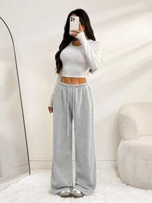 SHEIN PETITE Women's Casual Front Tie Waist Loose Sweatpants, Suitable For Autumn/Winter, Everyday Wear And Back To School - Grey - View 12