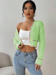 EMERY ROSE Women's Casual Contrast Trim Cropped Cardigan, Autumn - Mint Green - View 6