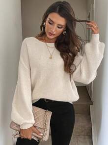 Easowa Women's Retro Brown Bow-Knot Crew Neck Long Sleeve Sweater, Autumn/Winter,Long Sleeve Tops - Apricot - View 3