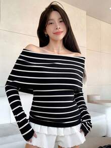 DAZY Black Striped Off-Shoulder Unique Slimming Versatile Off-Shoulder Long Sleeve Sweater - Black and White - View 2