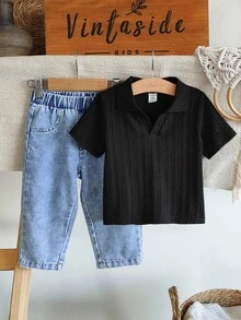 SHEIN Vintaside Kids 幼儿男童百搭休闲翻领短袖上衣搭配时尚水洗牛仔裤套装，适合日常穿着、家庭露营、用餐或购物 - 黑色 - 查看 3
