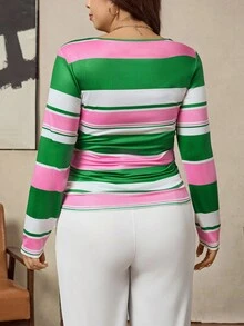 Zelara Áo thun nữ cỡ lớn kẻ sọc dáng casual, cạp chun nhún, cổ tròn, thoải mái và tôn dáng, thích hợp mặc đi làm mùa xuân/thu/đông, hàng ngày, thanh lịch cho kỳ nghỉ, phong cách công sở quyến rũ, áo kiểu vintage cho nữ, áo thời trang và tinh tế, áo chất lượng cao. - Nhiều màu - Xem 2