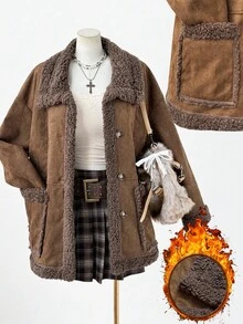 Sweetra Plus Size New Elegant Deer Velvet Thermal Lined Reversible Long Sleeve Short Jacket For Women, Thickened Double-Sided Wear Coat, Winter Fall Autumn