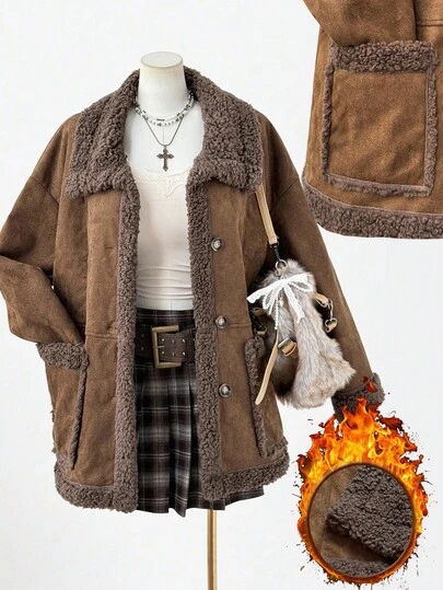 Sweetra Plus Size New Elegant Deer Velvet Thermal Lined Reversible Long Sleeve Short Jacket For Women, Thickened Double-Sided Wear Coat, Winter Fall Autumn