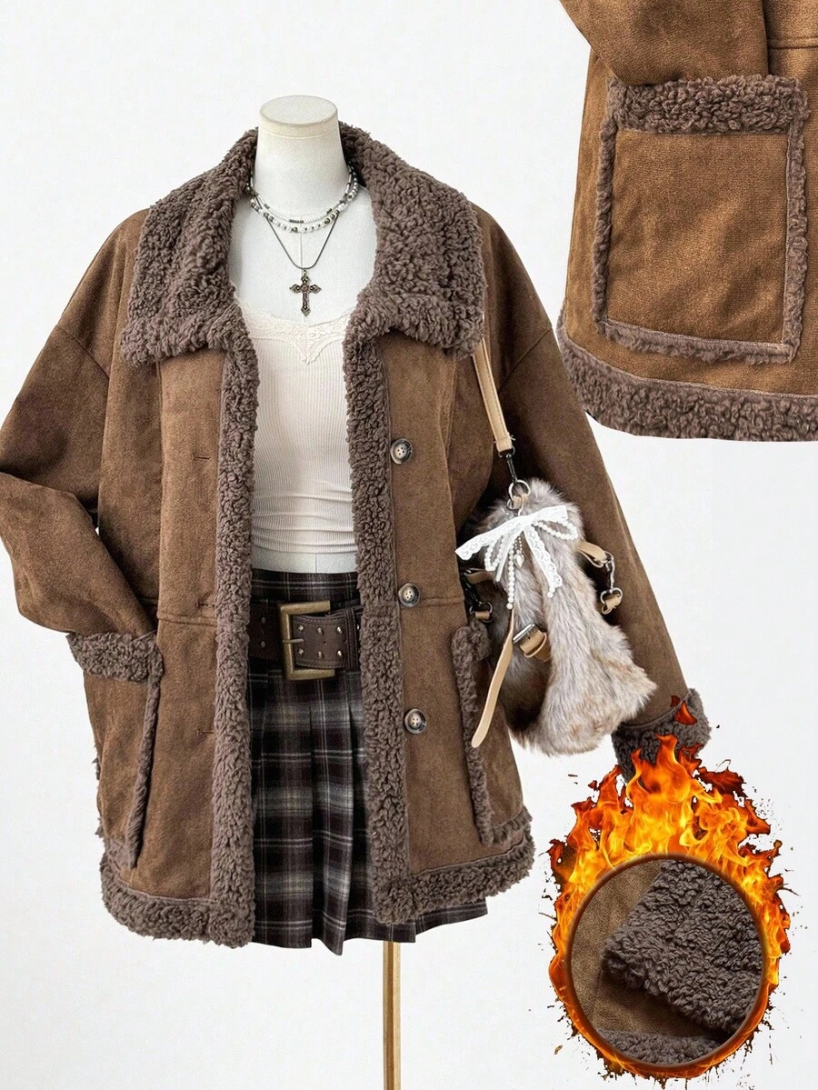 Sweetra Plus Size New Elegant Deer Velvet Thermal Lined Reversible Long Sleeve Short Jacket For Women, Thickened Double-Sided Wear Coat, Winter Fall Autumn