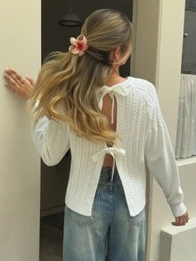 Livesso 女士秋季系带宽松休闲毛衣 - 白色 - 查看 1