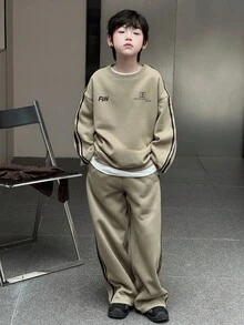 DAZY 2 件套青少年男孩保暖内衬宽松休闲运动衫和裤子运动套装，秋季宽松字母印花运动服 - 綠色 - 查看 3