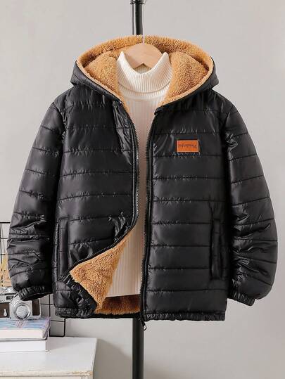 Boys' Casual Fleece Hooded Padded Coat, Suitable For Daily Casual Wear And Winter Outings Fall