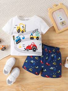Ensemble Shorts Et T-shirt Imprimé Voiture Cartoon De Mode Pour Bébé Garçon - Multicolore - Voir 3