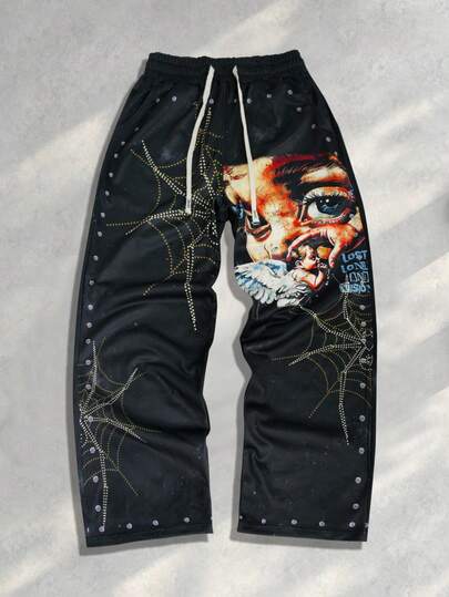 Street Life Herren Lässig Spinnennetz- & Figurenprint Jogginghose mit Kordelzug und weitem Bein, Herbst/Winter