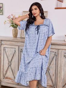 FloralLove CottageSlumber 女士加大码浪漫花卉印花蝴蝶结短袖睡裙，哞哞睡衣 - 彩色 - 查看 3