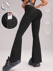 Innovista Women's Faux Leather Sports Flare Leggings,High Waist Tummy Control Sculpting Shapewear,Dry Fit Gym Workout Pants With Pocket,Edgy Activewear Bottom - Black - View 7