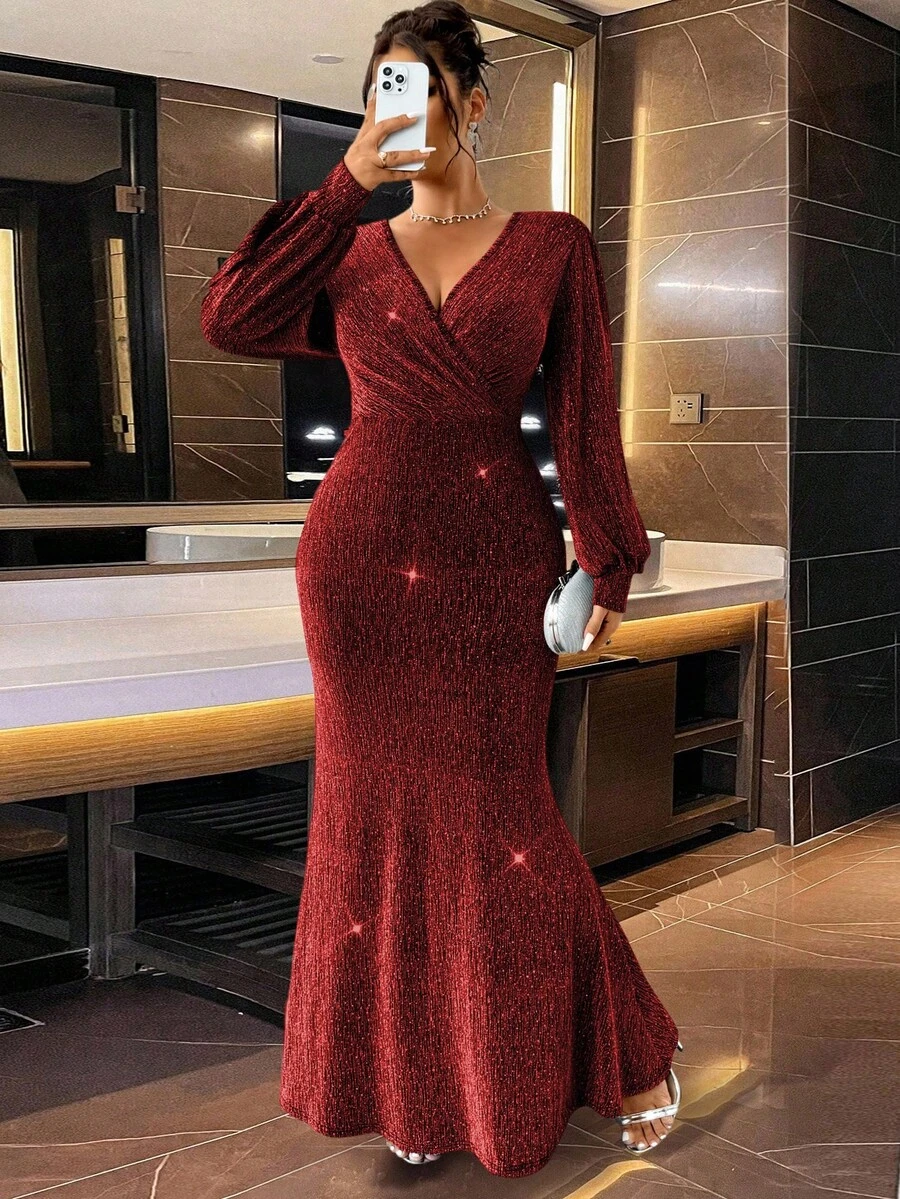 Cravure Christmas Sparkling Rhinestone Embellished Waist Mermaid Dress, Elegant & Fashion For Party Maxi Women Outfit - Red - View 1