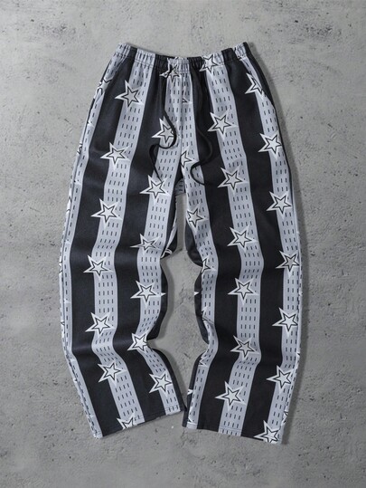 Street Life بنطلون رياضي فضفاض للرجال مزين بخطوط وطباعة نجوم، بطراز شارع رجعي، للخريف