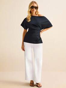 Daynim 女式休闲不对称领收腰牛仔衬衫 - 深色水洗藍 - 查看 6