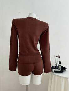 SHEIN Unity Women's Casual Cardigan And Folded Knit Shorts 2 Pieces Set, Autumn/Winter Brown Two Piece Set Fall Cloth For Women - Brown - View 2