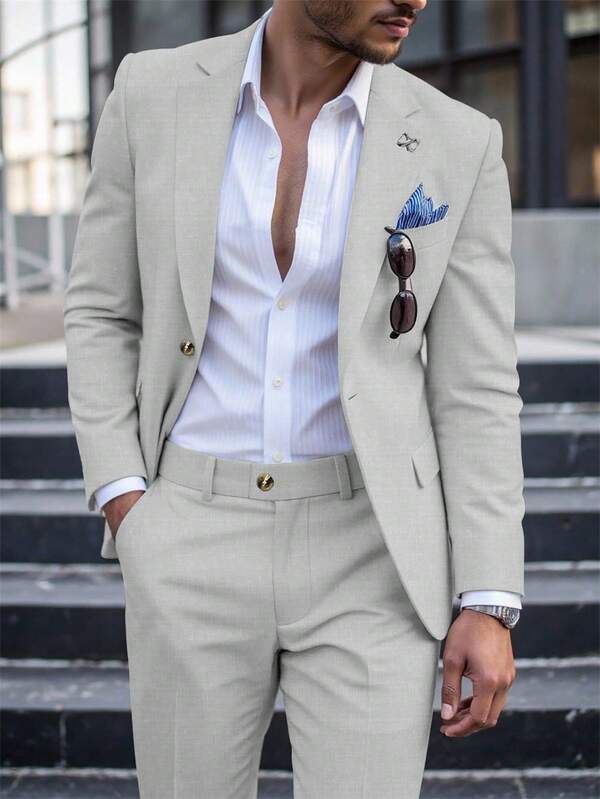 Calvornis Men's Light Grey Summer Casual Business 2 Pieces Suit,Solid Color Suit Set Jacket And Pants,Simple Fashion Wedding Prom Suit For Daily Wear Husband