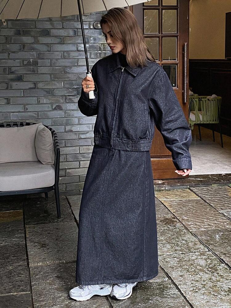 Women's Denim Jacket With Collar & Waist Cinching, And Long Denim Skirt, Casual Denim Set