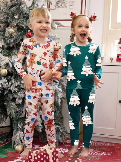 4pcs/Set Young Girl' Cute Christmas Tree & Gingerbread Man Cartoon Print Comfortable Pajama Set, Spring/Autumn