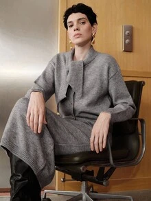 Uhlyne Women's Minimalist Teacher Outfit, Fashion Commuter Style With Design Sense, Gold Button Cardigan Paired With Simple Casual A-Line Skirt, Business Casual 2 Pieces Knit Set, Fall Winter Autumn - Grey - View 8