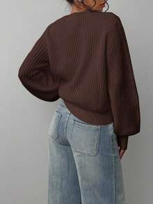 SHEIN BASICS 女士纯色圆领长袖休闲宽松针织毛衣，秋冬 - 咖啡棕 - 查看 2