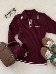 Muvela 女士休闲复古条纹翻领纽扣长袖毛衣，复古学院风，返校季，日常穿着，温暖舒适，秋季，复古风 - 酒紅色 - 查看 4