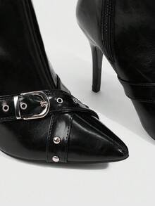 CUCCOO SZL Sepatu Bot Wanita Ujung Lancip Bertumit Tinggi dengan Gesper, Seksi, Elegan, Modis, Panjang Setengah Betis - Hitam - View 6