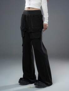 Bloopia Pantalones anchos acampanados con bolsillos y parches, moda de otoño/invierno, estilo casual y urbano, personalizado para mujer - Gris - Ver 3