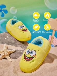 SpongeBob SquarePants | SHEIN Cute Embroidery Cartoon Yellow Children's Non-Slip Indoor Elastic Band Slippers Toddlers & Kids Soft Plush Warm House Shoes, Lightweight And Durable EVA Sole, Unisex For Boys And Girls Home Bedroom Air-Conditioned Room,Spring & Autumn & Winter