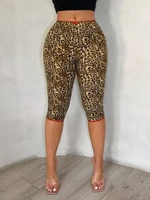 SHEIN SXY 大码豹纹撞色滚边修身七分裤 - 彩色 - 查看 3