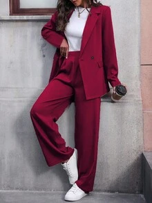 EMERY ROSE 女士纯色翻领长袖双排扣夹克和裤子休闲套装，秋季勃艮第西装女士西装外套套装女士西装勃艮第裤子女士西装正式女士西装