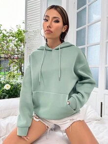 SHEIN Unity 标语印花落肩抽绳保暖连帽衫，爱自己，毕业、教师、返校季套头衫，秋季款 - 綠色 - 查看 3