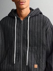 SUMWON Áo khoác denim kẻ sọc cotton có mũ trùm đầu có khóa kéo phong cách đường phố hiện đại, lấy cảm hứng từ phong cách cổ điển, áo khoác ngoài thường ngày, thời trang thu đông - màu đen - Xem 4