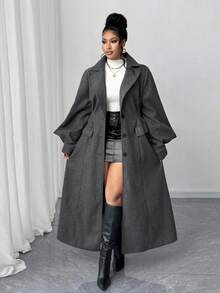 Maweii 加大码女式长款风衣，泡泡袖不对称袖外套，高腰时尚冬季外套 - 深灰色 - 查看 1