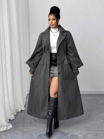 Maweii 加大码女式长款风衣，泡泡袖不对称袖外套，高腰时尚冬季外套