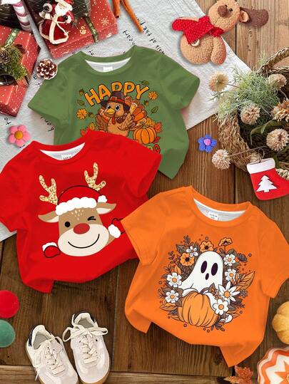 3pcs Baby Girl Casual Minimalist Halloween Floral Pumpkin Ghost Pattern, Thanksgiving Cute Cartoon Turkey Pumpkin Pattern, Christmas Cute Cartoon Reindeer Pattern, Red Pumpkin Green, Round Neck Short Sleeve Basic T-Shirt, Suitable For Spring/Summer